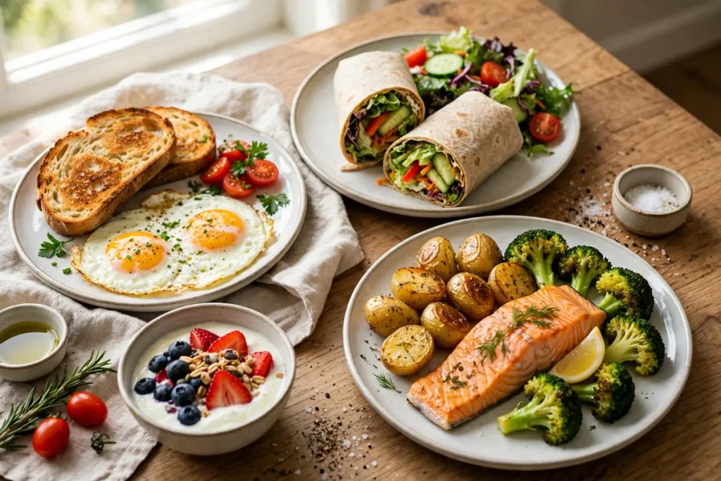 1700 calorie meal plan - a full day of balanced meals with eggs and toast, a chicken wrap, yogurt with berries and salmon with potatoes