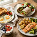 1700 calorie meal plan - a full day of balanced meals with eggs and toast, a chicken wrap, yogurt with berries and salmon with potatoes