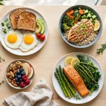 1800 calorie meal plan — a full day of balanced meals with breakfast, lunch, a snack and dinner laid out on a table