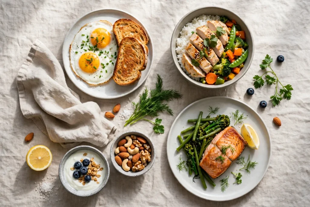 2000 calorie meal plan — a full day of meals laid out: breakfast eggs, a chicken rice lunch bowl, salmon dinner and snacks