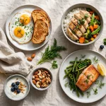 2000 calorie meal plan — a full day of meals laid out: breakfast eggs, a chicken rice lunch bowl, salmon dinner and snacks
