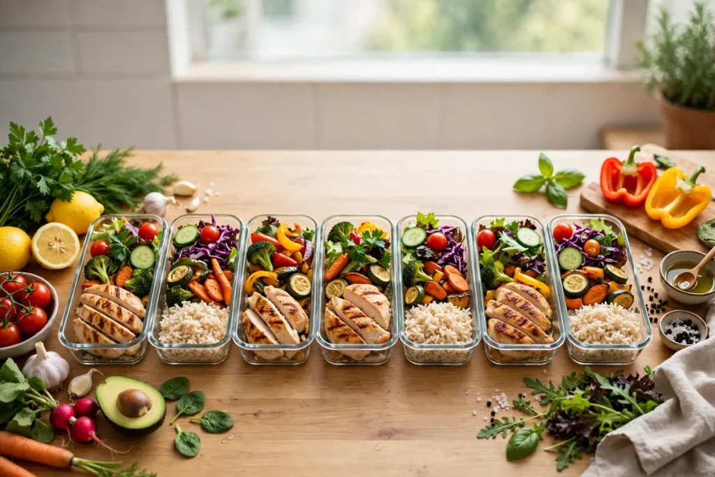 7-day diet plan for weight loss - a week of healthy meal prep containers with chicken, rice and vegetables