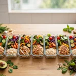7-day diet plan for weight loss - a week of healthy meal prep containers with chicken, rice and vegetables