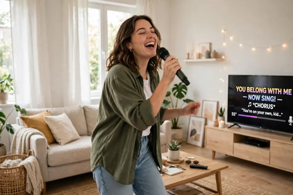 person singing with a microphone at home
