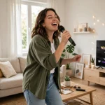 person singing with a microphone at home