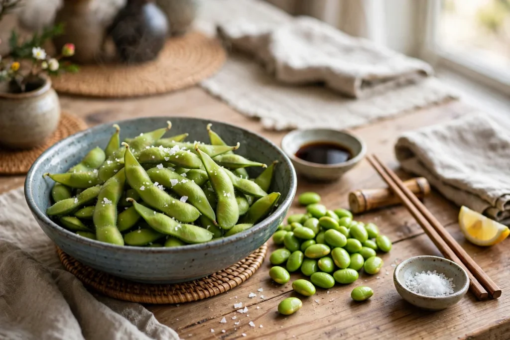 bowl of edamame beans in pods with sea salt