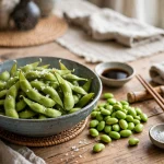 bowl of edamame beans in pods with sea salt