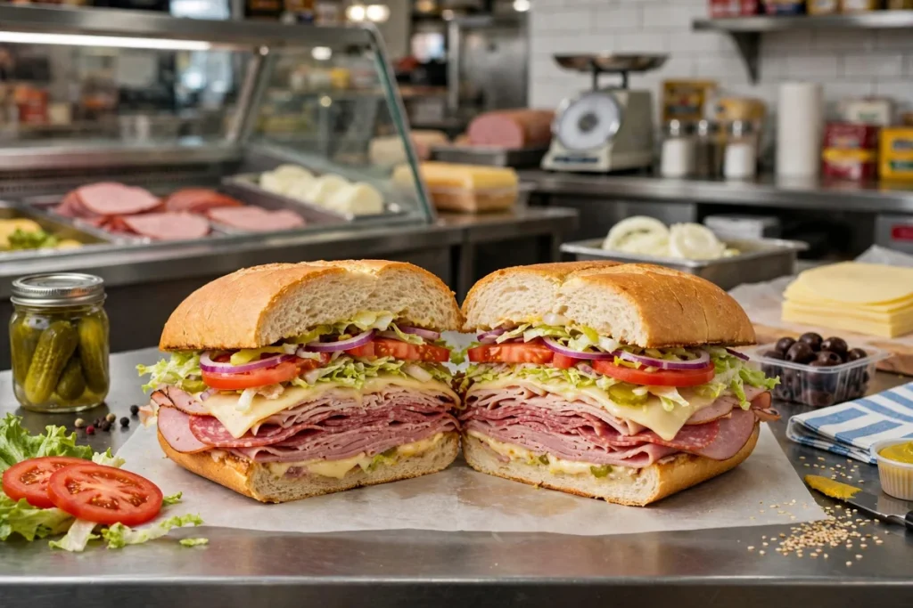 sub sandwich with deli meats and cheese on a deli counter