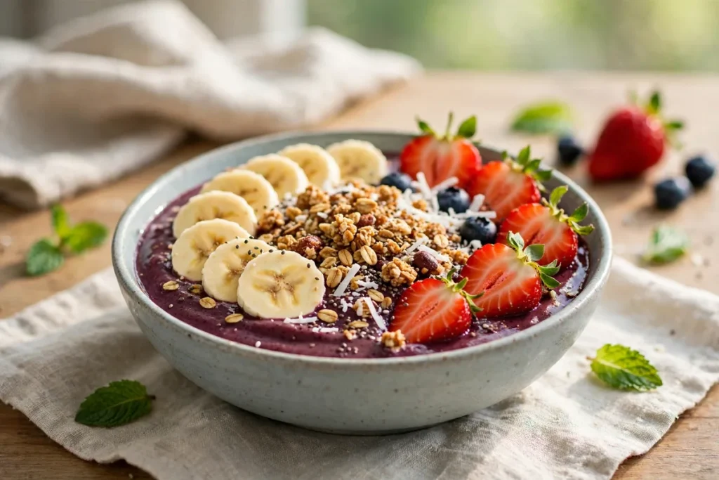 Acai bowl topped with banana, strawberries and granola