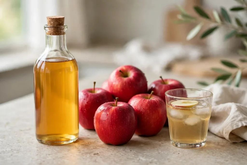A bottle of apple cider vinegar beside fresh red apples and a diluted vinegar drink on a kitchen counter