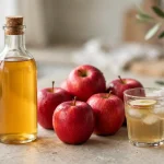 A bottle of apple cider vinegar beside fresh red apples and a diluted vinegar drink on a kitchen counter