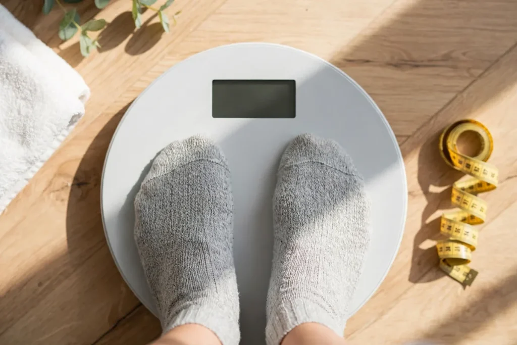 Feet in socks standing on a bathroom scale with a measuring tape beside it