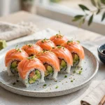 Alaska roll sushi with salmon and avocado on a plate with chopsticks