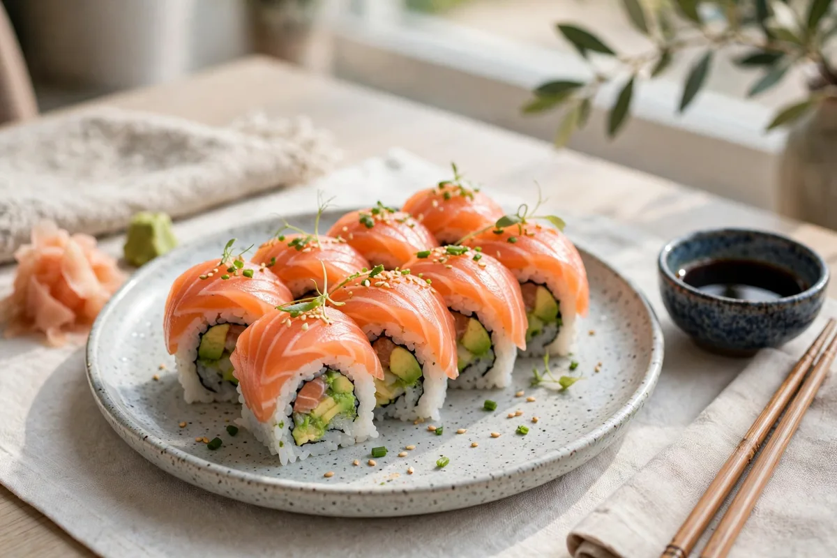 Alaska roll sushi with salmon and avocado on a plate with chopsticks