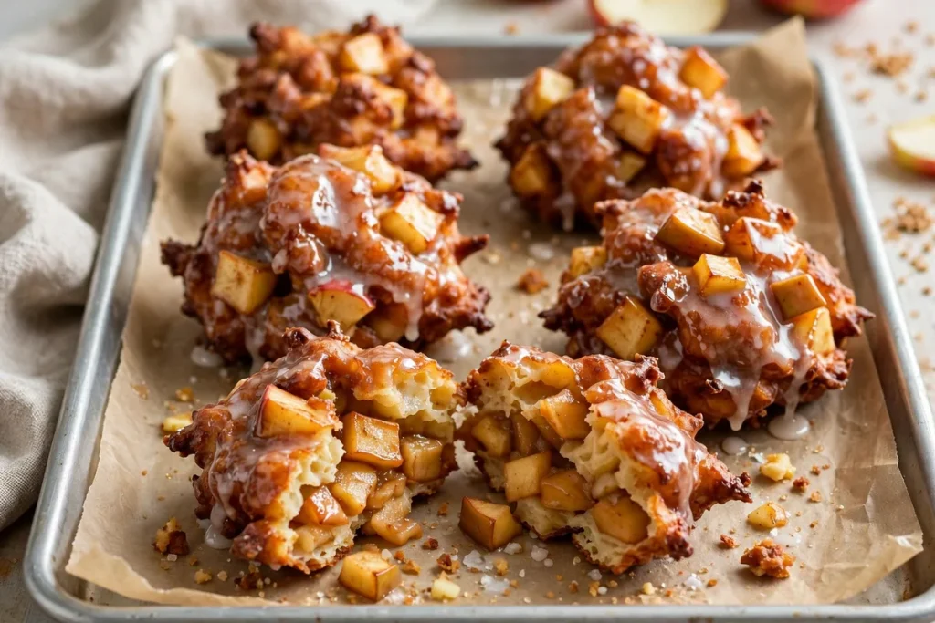 Glazed apple fritters on a bakery tray, one broken open showing the apple chunks inside