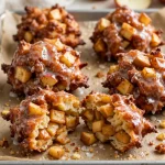 Glazed apple fritters on a bakery tray, one broken open showing the apple chunks inside
