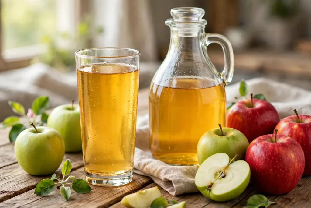 A glass and jug of apple juice with fresh red and green apples on a wooden table