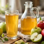 A glass and jug of apple juice with fresh red and green apples on a wooden table