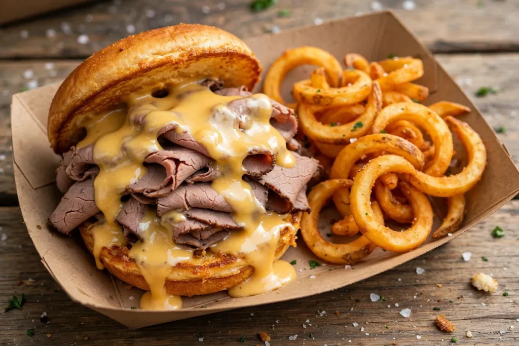 A roast beef sandwich with melted cheese sauce and curly fries on a paper tray