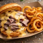 A roast beef sandwich with melted cheese sauce and curly fries on a paper tray