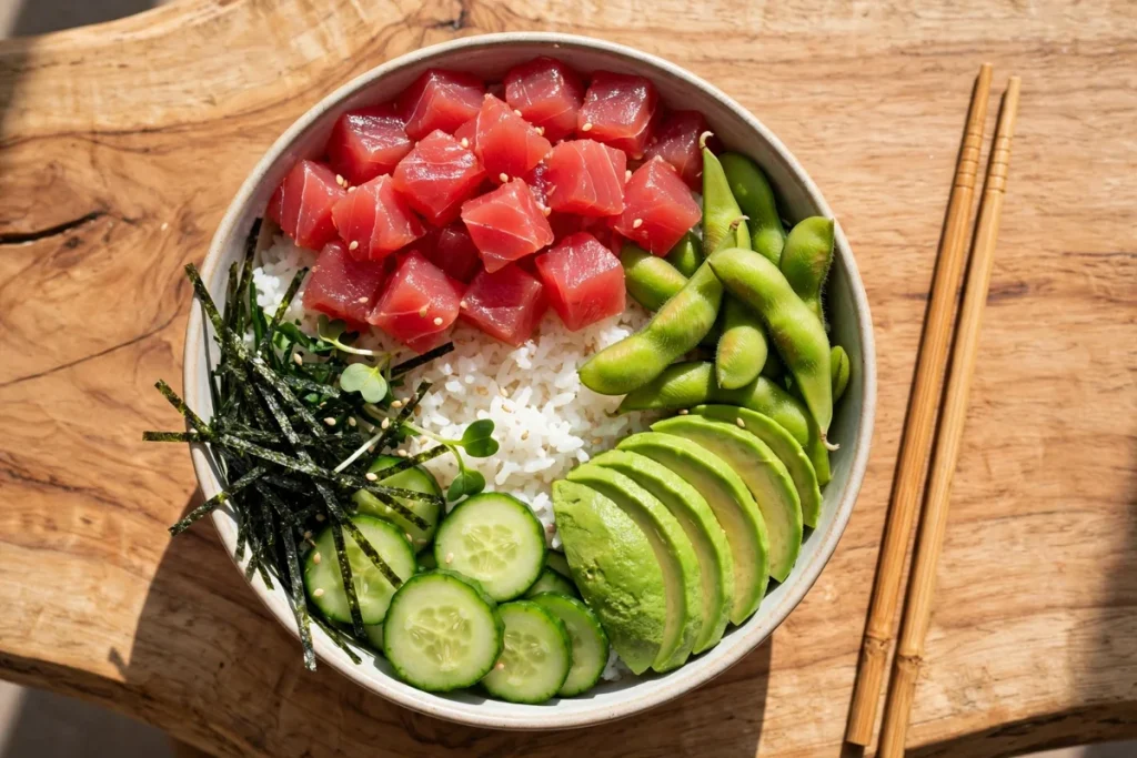 are poke bowls healthy — a poke bowl with tuna, rice, edamame, cucumber and avocado