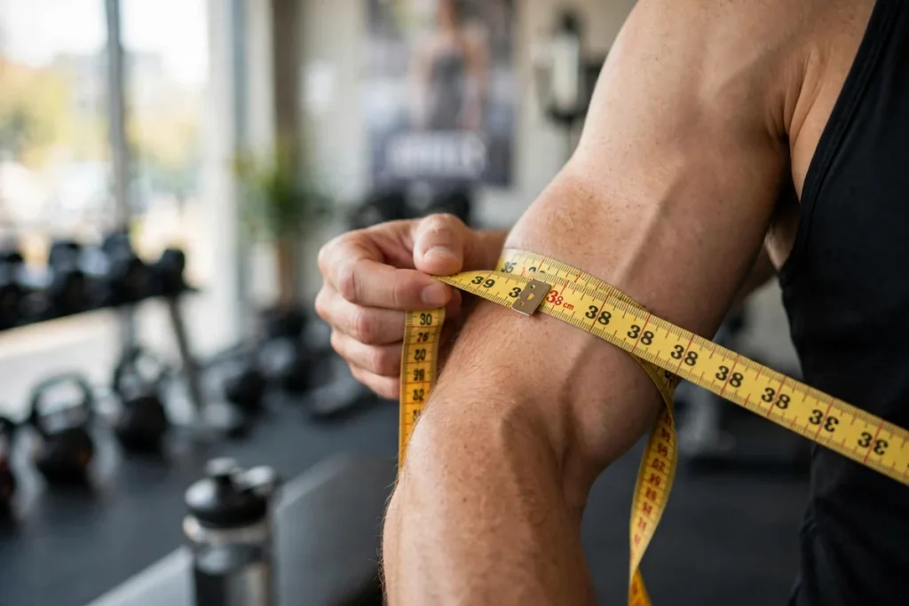 person measuring their bicep with a tape measure
