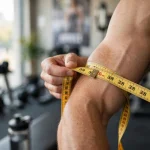 person measuring their bicep with a tape measure