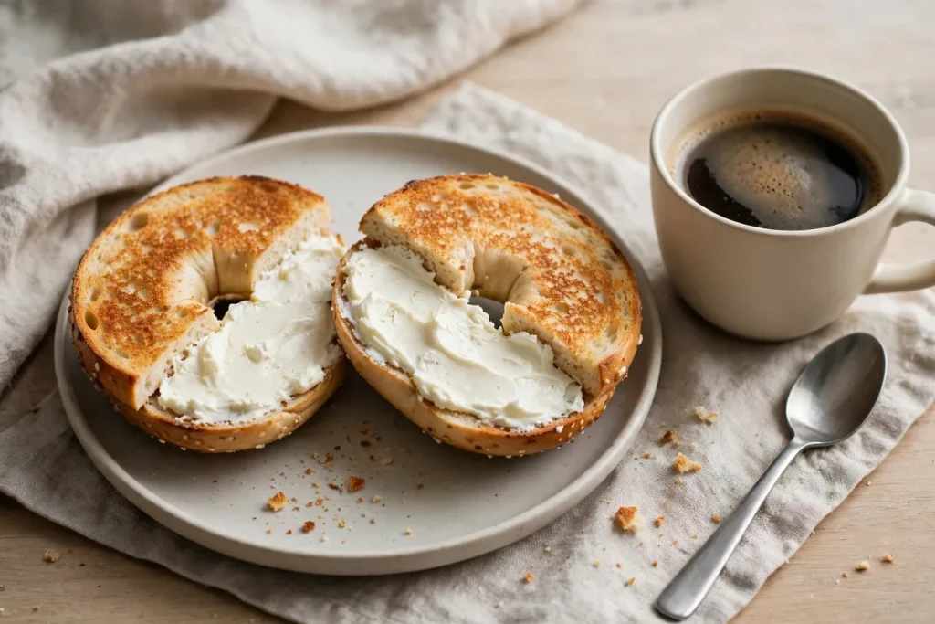 A toasted bagel spread with cream cheese on a plate next to a cup of black coffee