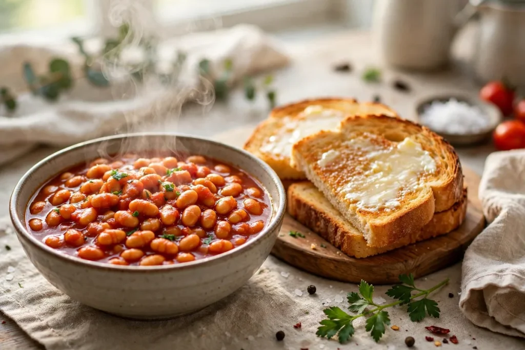 A steaming bowl of baked beans in tomato sauce with buttered toast on the side