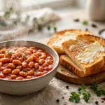A steaming bowl of baked beans in tomato sauce with buttered toast on the side