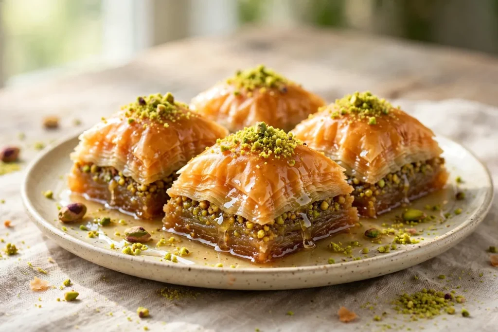 Baklava pieces topped with crushed pistachios