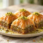 Baklava pieces topped with crushed pistachios