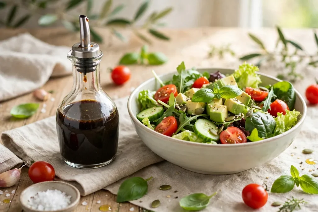 A glass cruet of balsamic vinaigrette next to a fresh green salad bowl with tomatoes and avocado