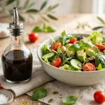 A glass cruet of balsamic vinaigrette next to a fresh green salad bowl with tomatoes and avocado