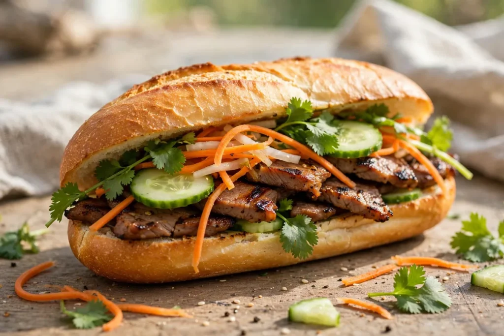 Banh mi sandwich with pickled vegetables and cilantro
