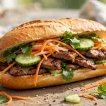 Banh mi sandwich with pickled vegetables and cilantro