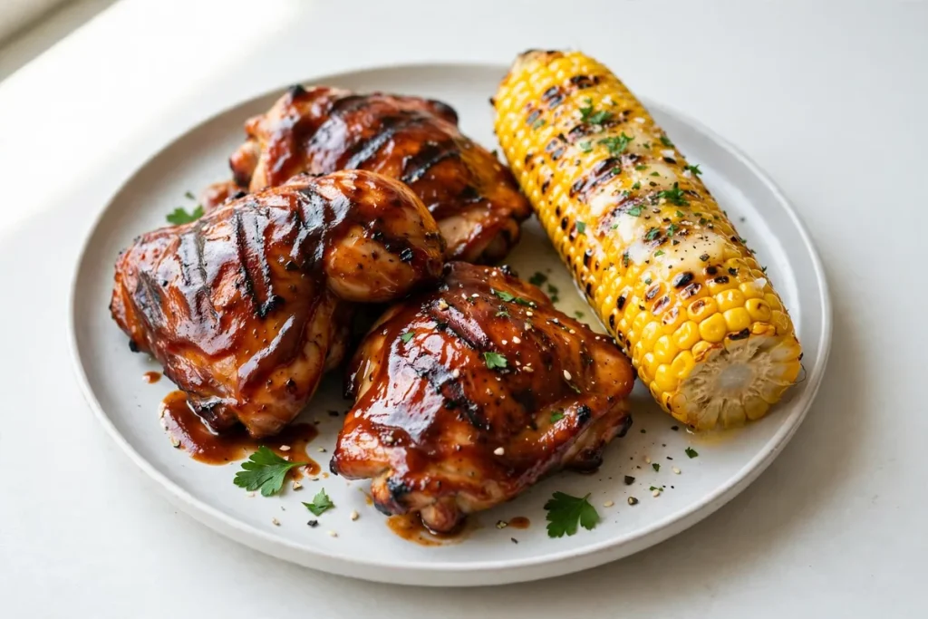 Grilled BBQ chicken with glossy sauce on a plate with corn