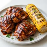 Grilled BBQ chicken with glossy sauce on a plate with corn