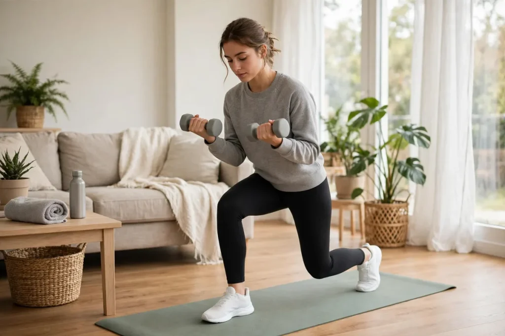 A beginner doing a home workout with light dumbbells on a yoga mat in a bright living room