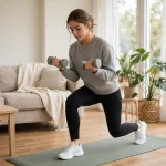 A beginner doing a home workout with light dumbbells on a yoga mat in a bright living room