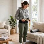 A woman measuring her waist with a tape measure at home in a bright living room
