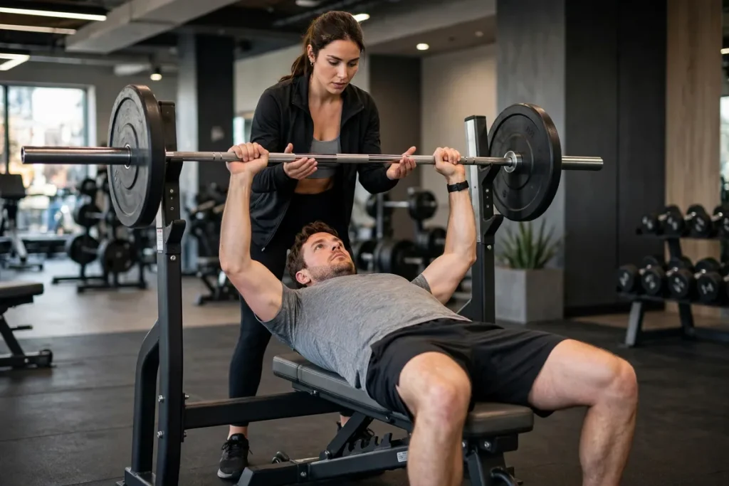 A man performing a barbell bench press with a spotter standing behind him in a gym