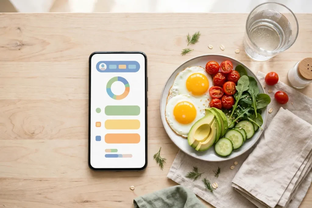 Best free calorie counter app - a phone with a food diary app next to a healthy breakfast plate
