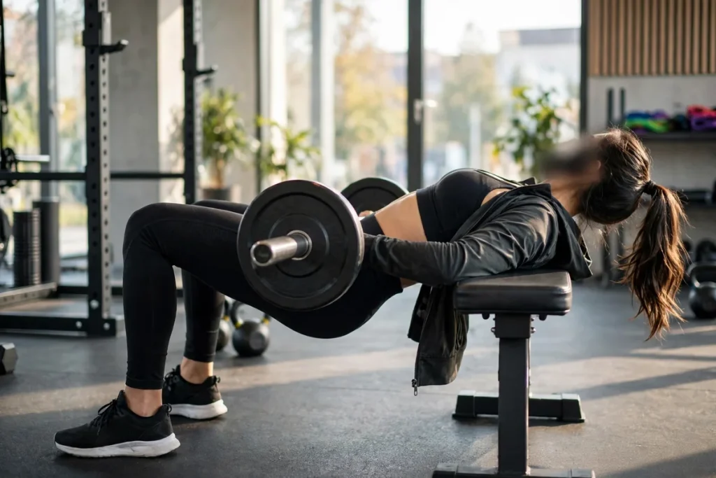 best glutes workouts — a person doing a barbell hip thrust in a gym, side view