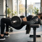 best glutes workouts — a person doing a barbell hip thrust in a gym, side view