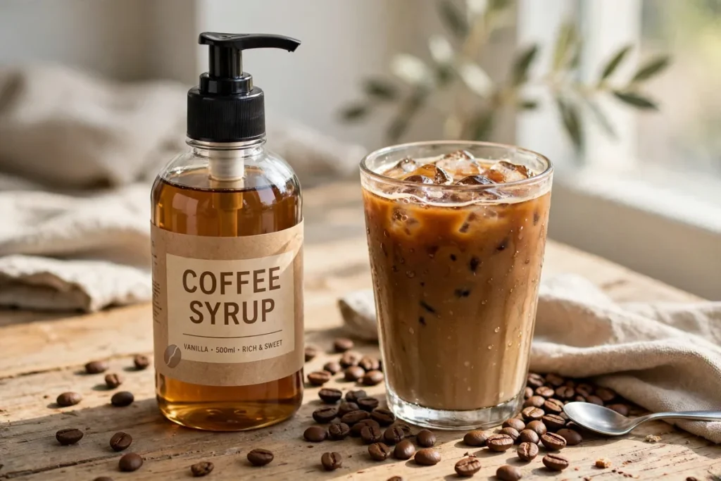 bottle of sugar free coffee syrup next to a glass of iced coffee