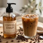 bottle of sugar free coffee syrup next to a glass of iced coffee
