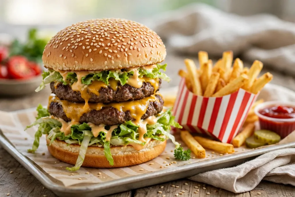 A double-decker sesame bun burger with two patties, cheese, lettuce and fries on a tray