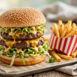 A double-decker sesame bun burger with two patties, cheese, lettuce and fries on a tray