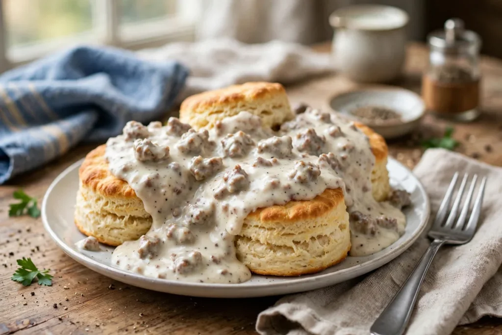 Biscuits covered in creamy sausage gravy on a plate